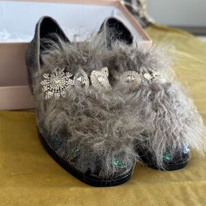 Ras Gray Faux Fur Mule Loafers with Crystal Accents